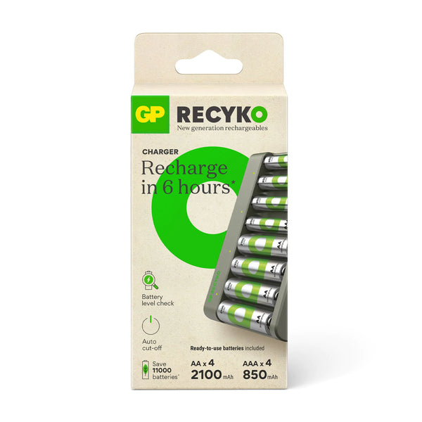 GP RECYKO E821 USB Economy Ladegerät mit 4 RECYKO 2100 AA und 4 RECYKO 850 AAA