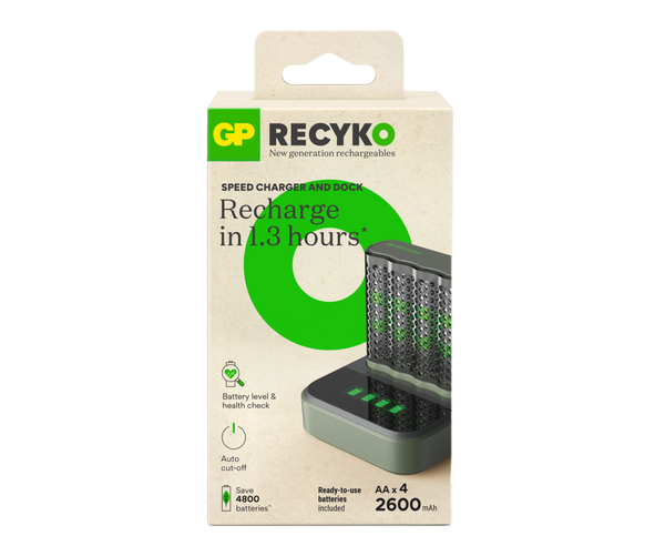 GP RECYKO M452 Akku-Schnellladegerät und D451 Ladestation inkl. 4 AA-Akkus 2600mAh